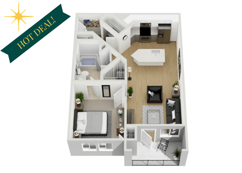 Floor plan for 1 bed, 1 bath, 736 sqft